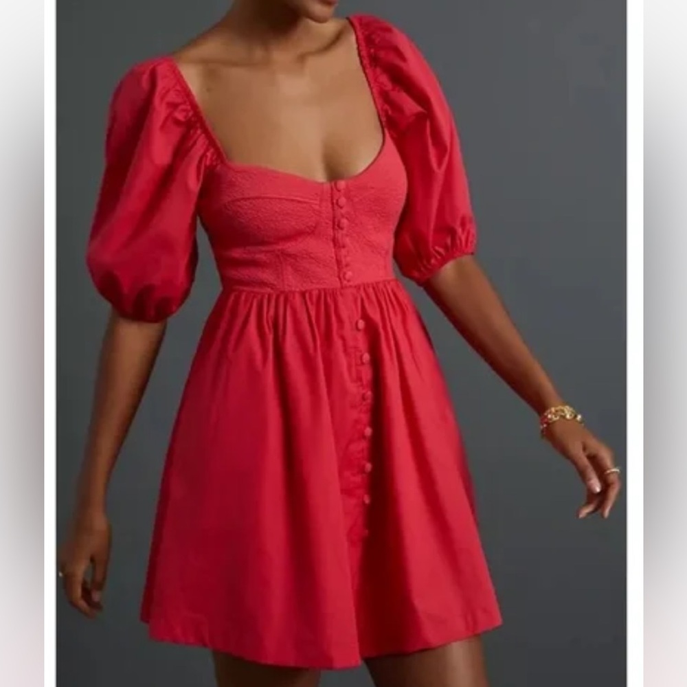NWT Maeve Anthropologie Puff-Sleeved Sweetheart Mini Dress Women’s Small Red